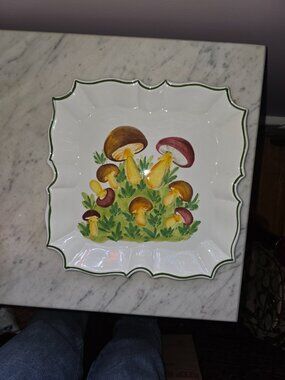 Vintage Italian Hand Painted Mushroom Platter 10.5" Square Scalloped Edge Italy